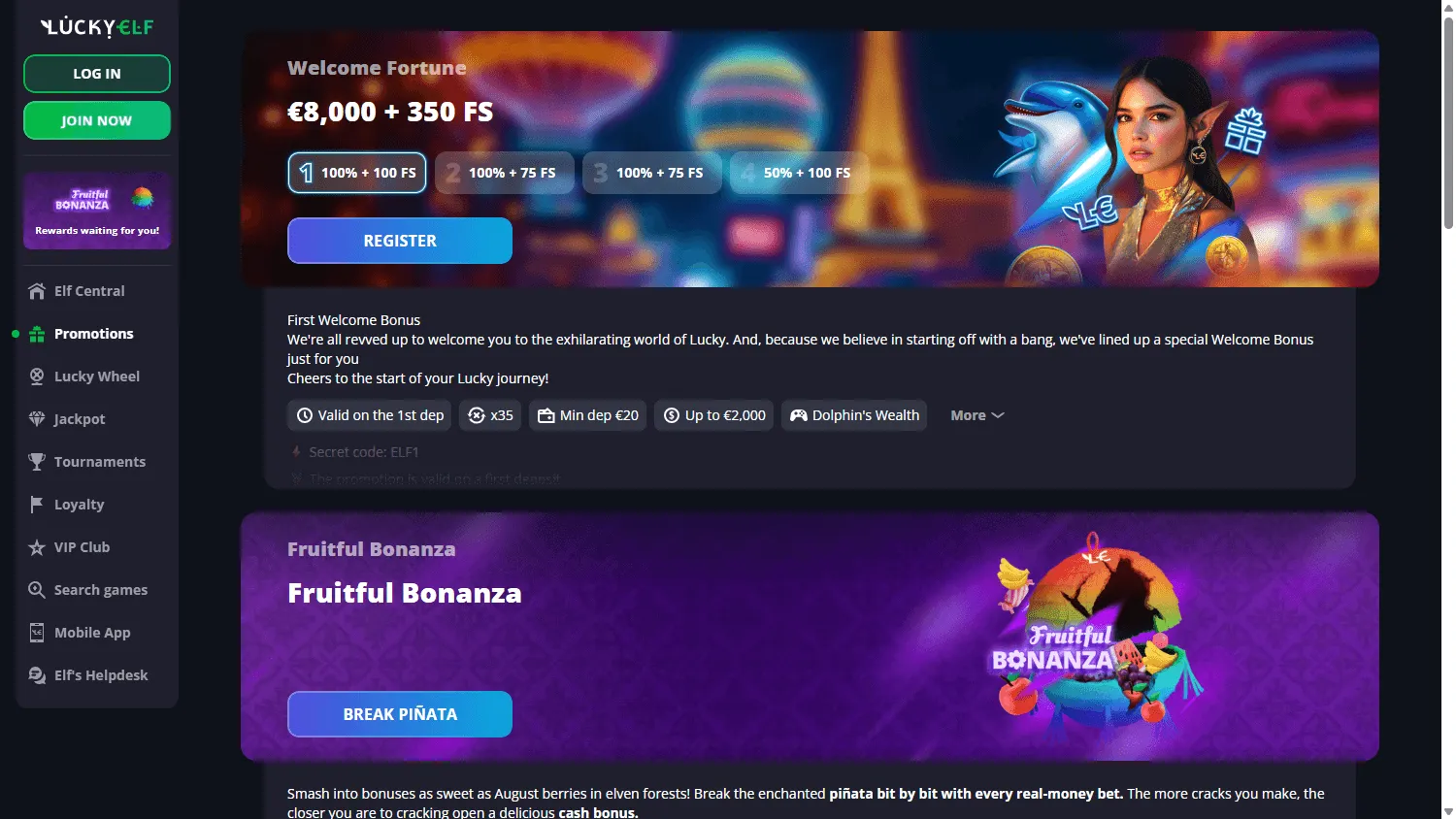LuckyElf Casino desktop promotions view