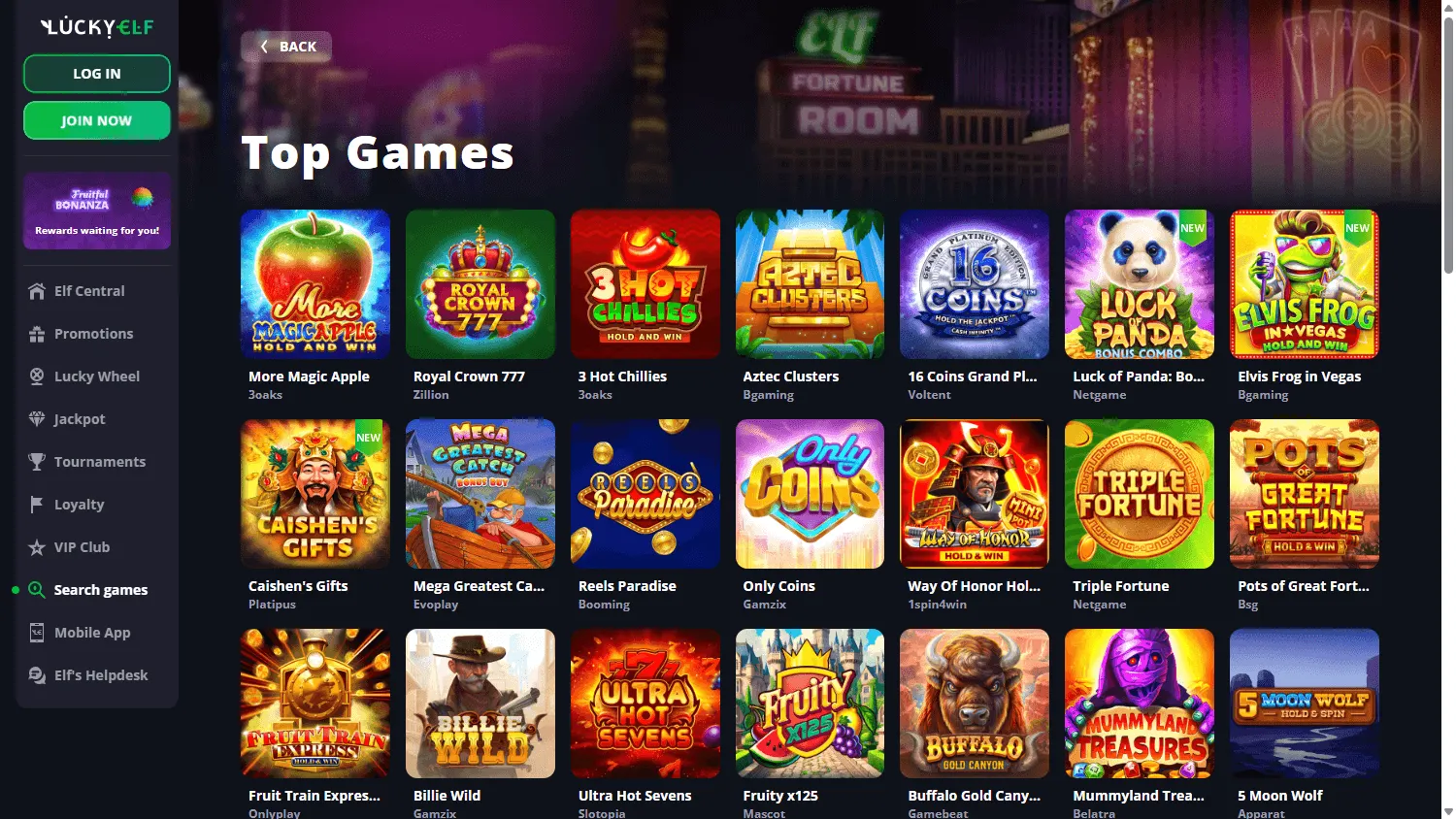 LuckyElf Casino desktop games view