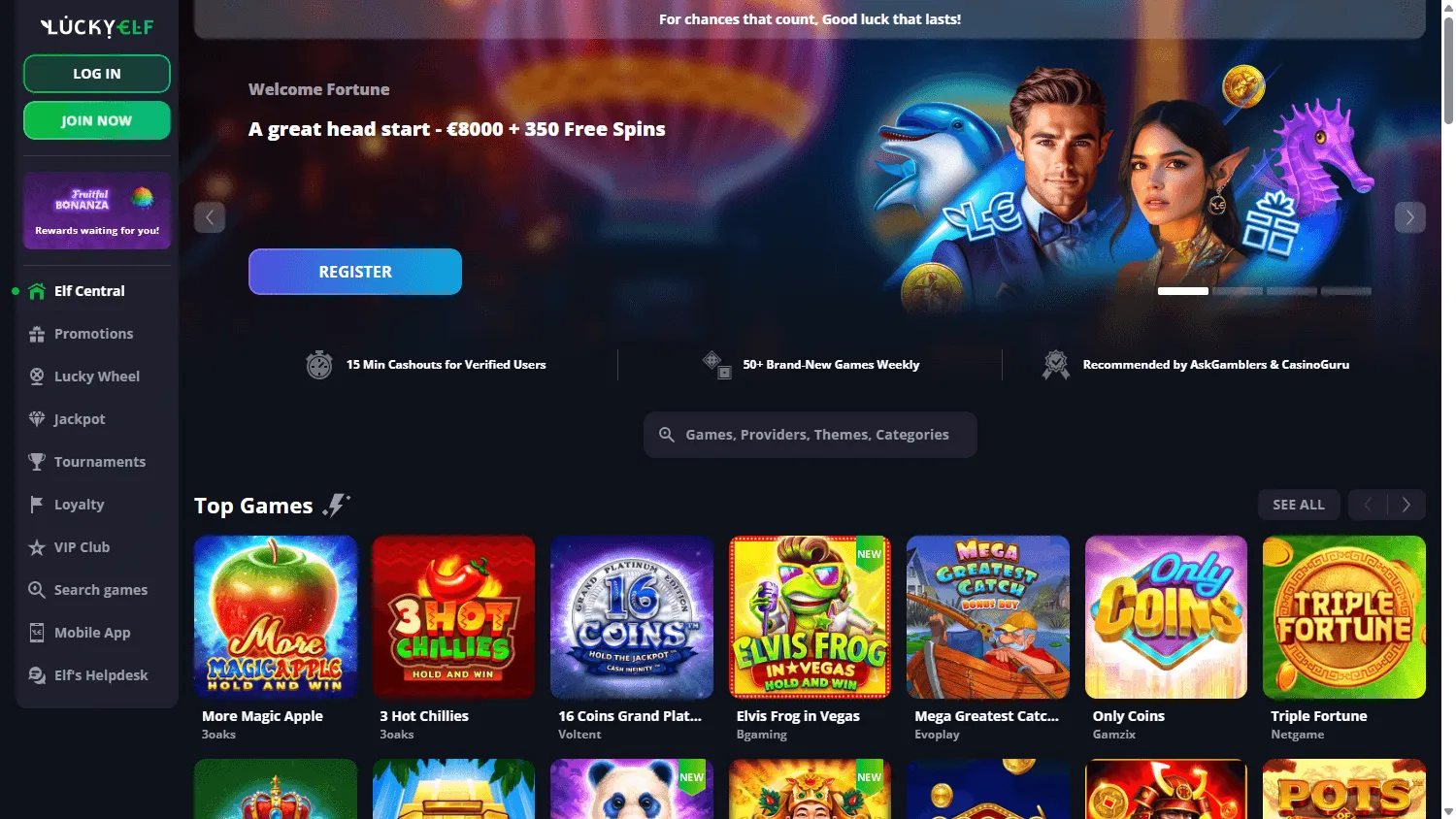 LuckyElf Casino desktop home view