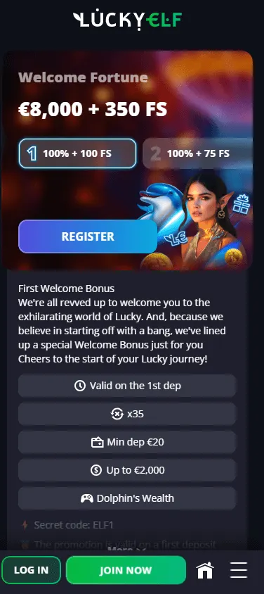 LuckyElf Casino mobile promotions view
