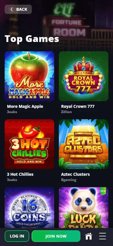 LuckyElf Casino mobile games view