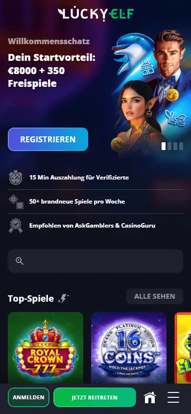 LuckyElf Casino mobile home view